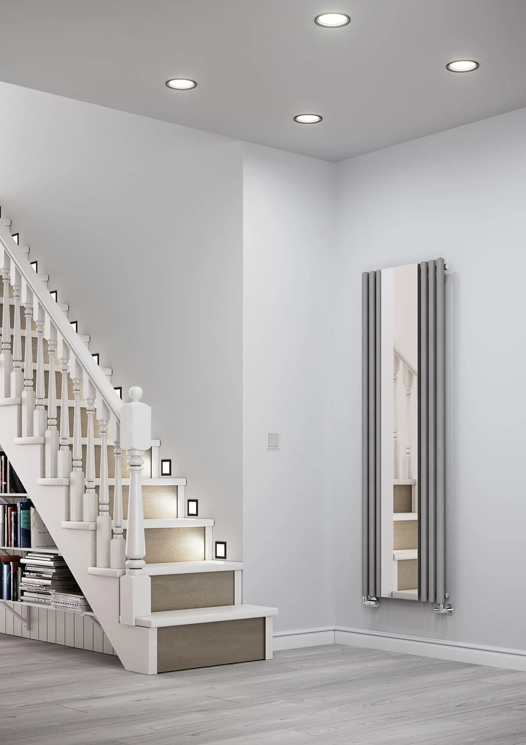 EAN-5901804744099-Mirror-Radiator-ROLO_M_1800_590_salt_pepper-lifestyle-scaled-2.jpg Modern radiator with a mirror in a minimalist interior setting, stylish home heating solution.