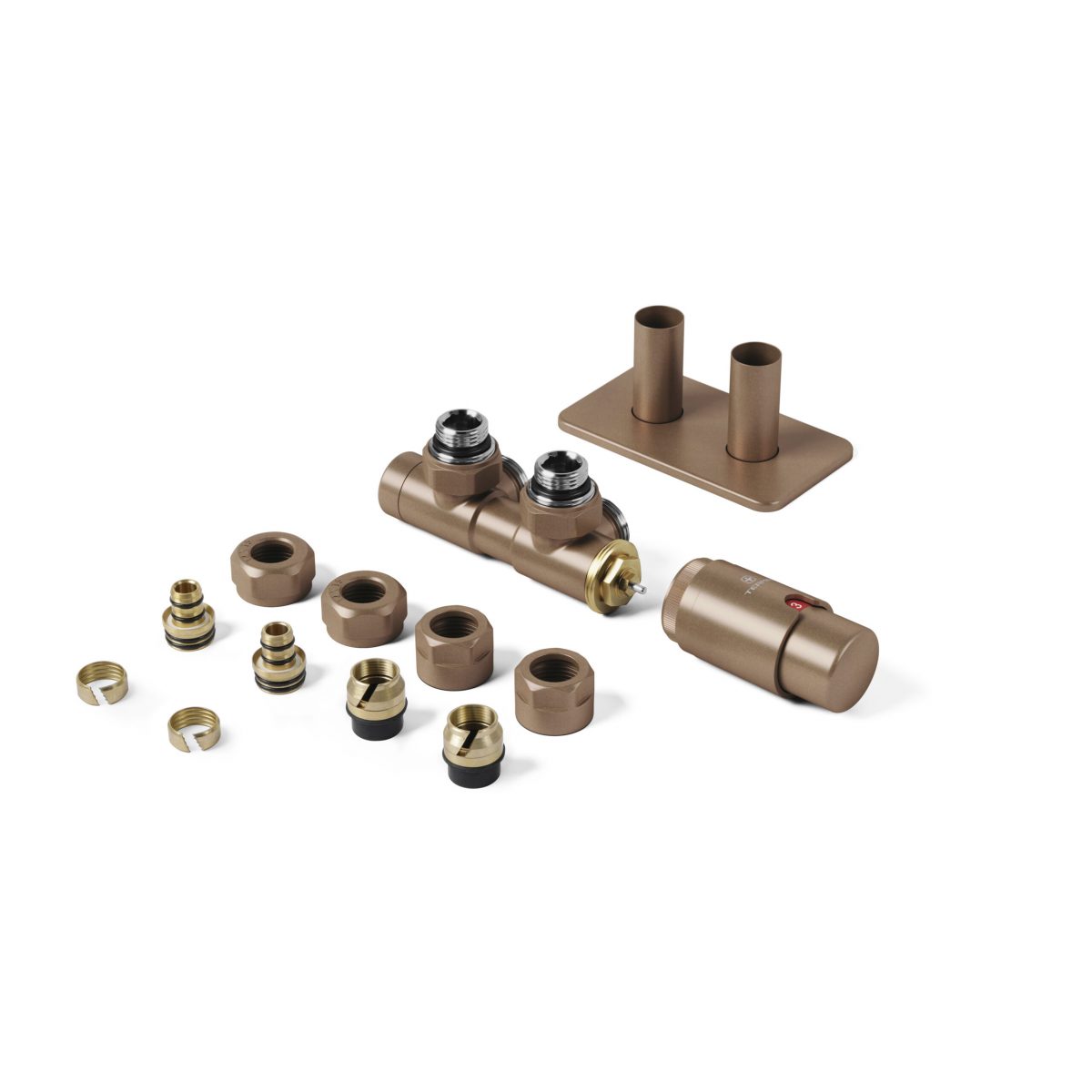 Terma Integrated Radiator Valve set 1/2 x 15 Right Sided Angled TRV Bright Copper