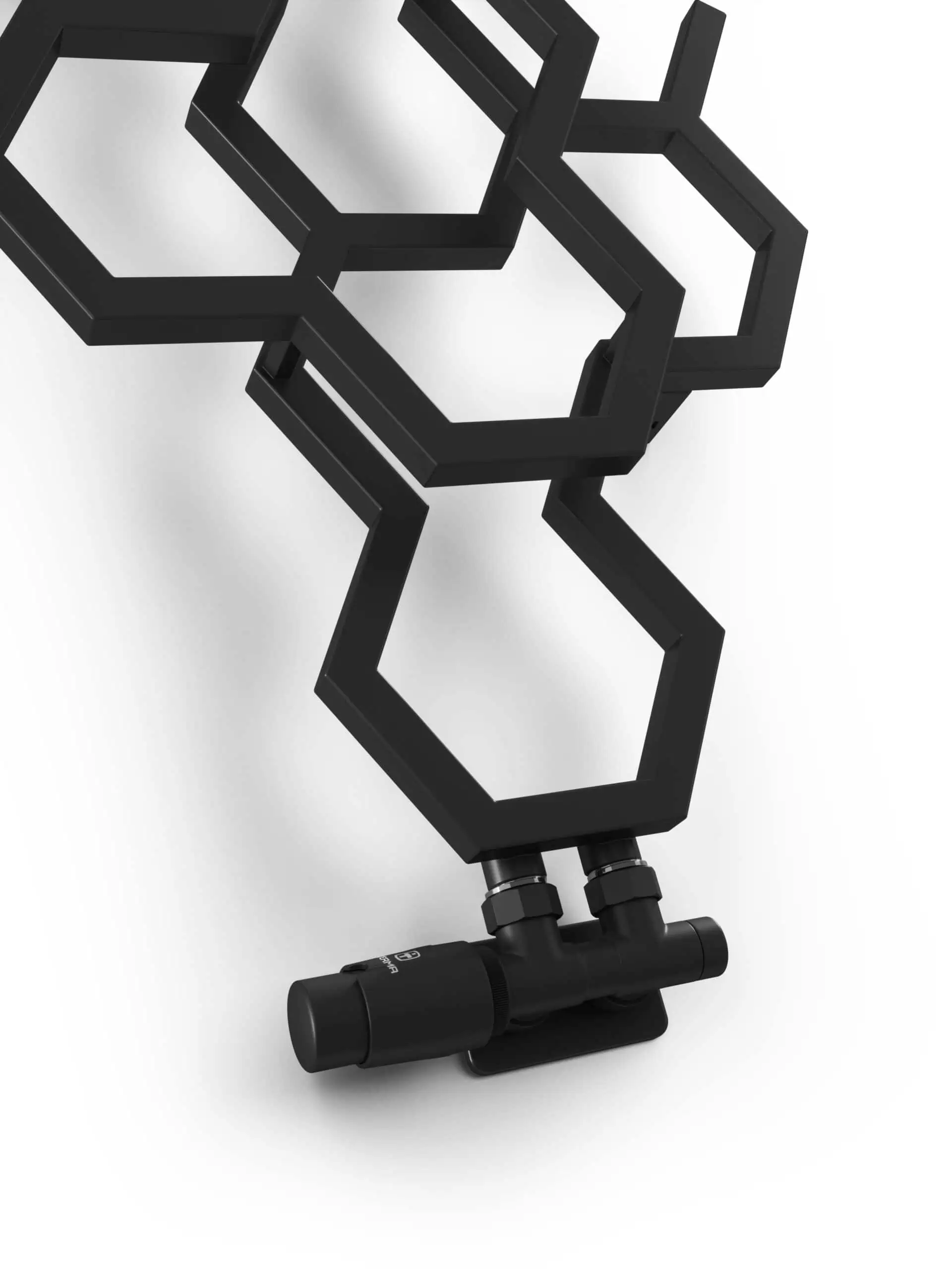 EAN-5903918001020-Twins-Valves-Set-RIGHT-Fitted-scaled-2.jpg Hexagon-shaped modern black LED wall light with adjustable fixture for innovative interior design.