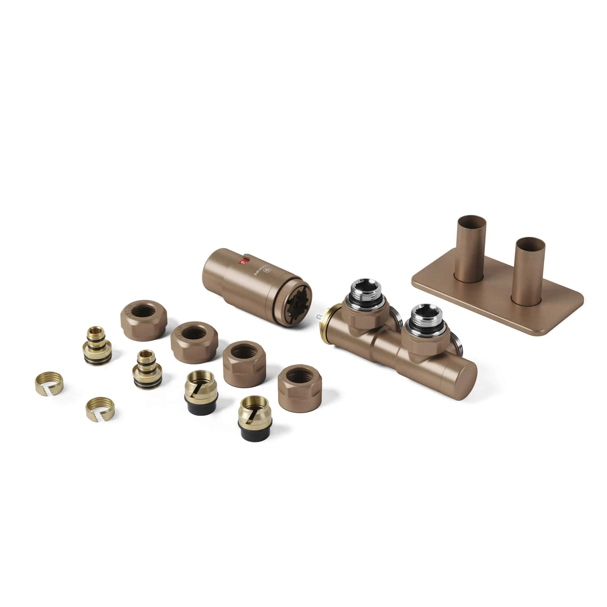 EAN-5903918001037-Twins-Valves-Set-RIGHT-1-scaled-2.jpg Bright copper compression fittings and plumbing accessories for heating and plumbing systems.