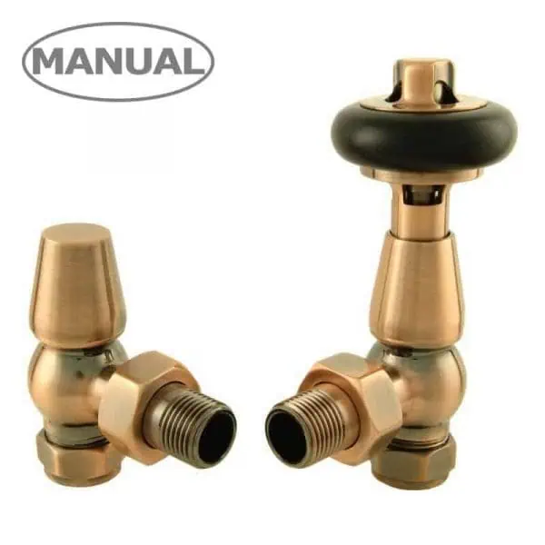 Brass radiator valves with manual thermostatic controls for heating system optimization.
