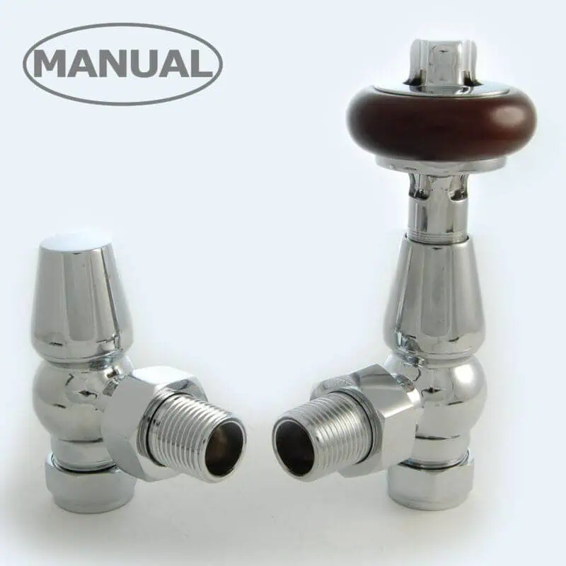ETO-AG-C_800-1.jpg Chrome brass radiator valve with manual control and wooden knob, used for heating systems.