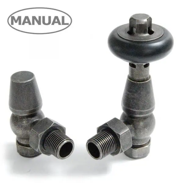 Threaded radiator valve pair with manual control for heating systems.