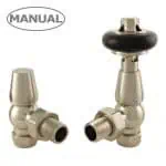 1. Manual radiator valves for heating systems, brass with black handles, plumbing components.