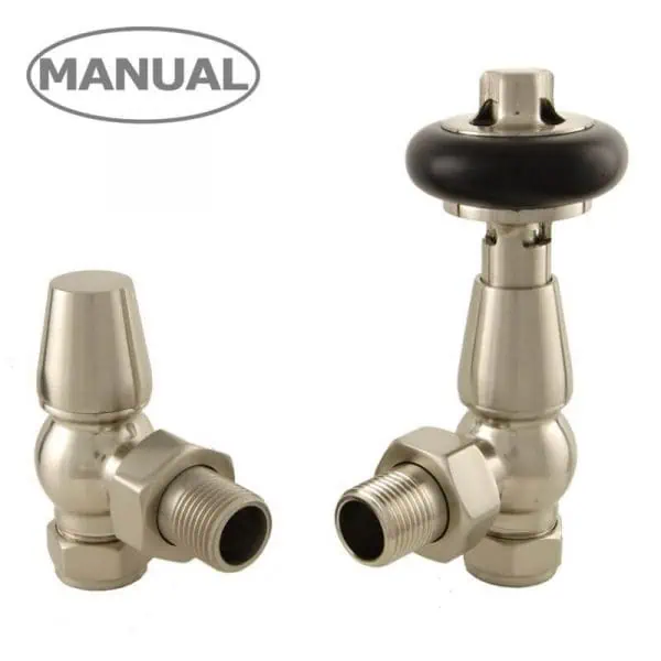 1. Manual radiator valves for heating systems, brass with black handles, plumbing components.