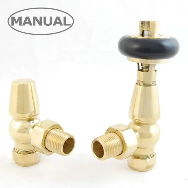 Brass radiator valve set with manual control for heating systems.