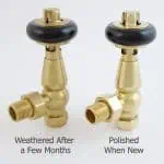 Shiny brass radiator valve with black handle, weathered and polished versions side by side.