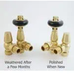 Shiny brass plumbing valve fittings with black rubber washers, before and after polishing.