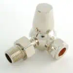 Universal radiator valve, chrome finish, thermostatic, for optimal heating control.