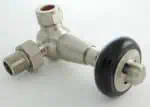 Corrosion-resistant brass valve with control knob and threaded fittings for plumbing applications.