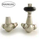 Stainless steel radiator valve set with manual control for heating systems.