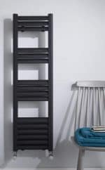 Black modern radiator towel warmer on a white wall in a bathroom setting.