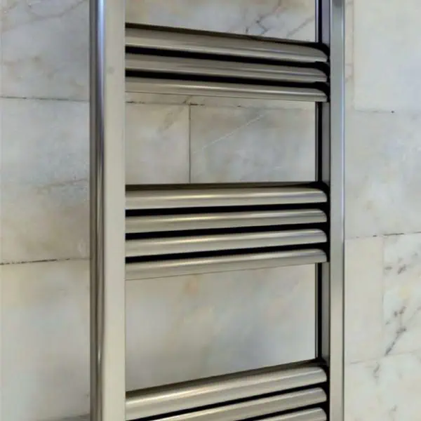 Polished stainless steel towel radiator for bathrooms, wall-mounted, modern heating solution.