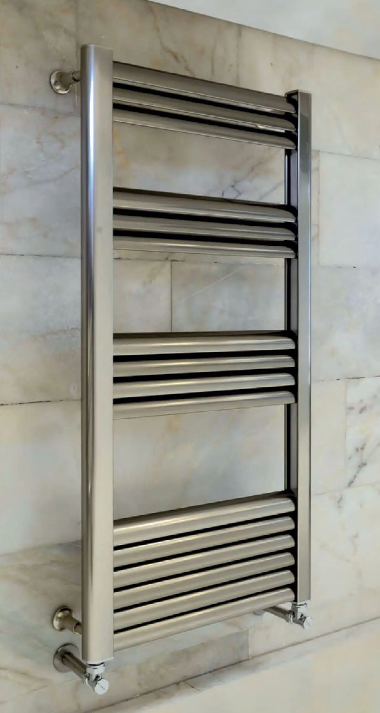 Polished stainless steel towel radiator for bathrooms, wall-mounted, modern heating solution.