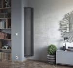 Vertical modern black radiator in a contemporary living room setting.