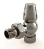Chrome radiator valve with threaded inlet for heating system control.