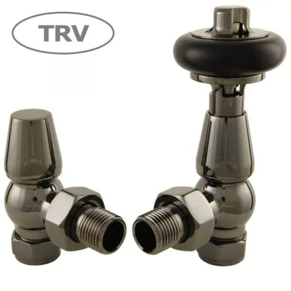 Chrome radiator valve set for efficient heating control.