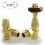 Brass radiator valves with wooden handle for heating system control, polished gold finish.