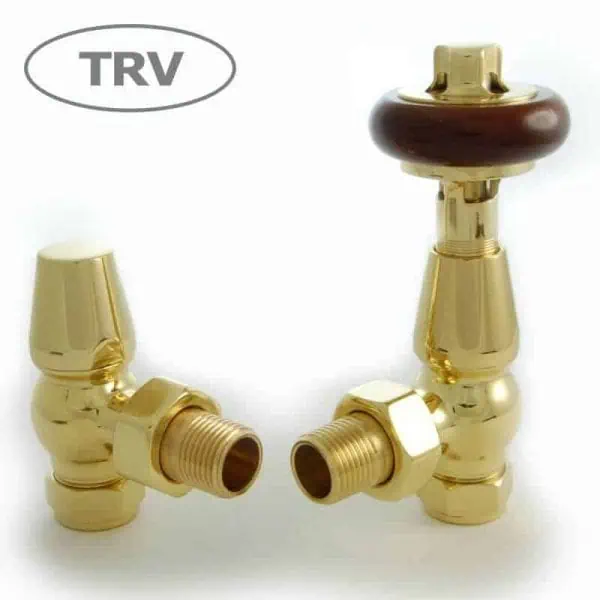 Brass radiator valves with wooden handle for heating system control, polished gold finish.