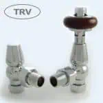 Chrome radiator valve set with wooden handle for efficient heating control.