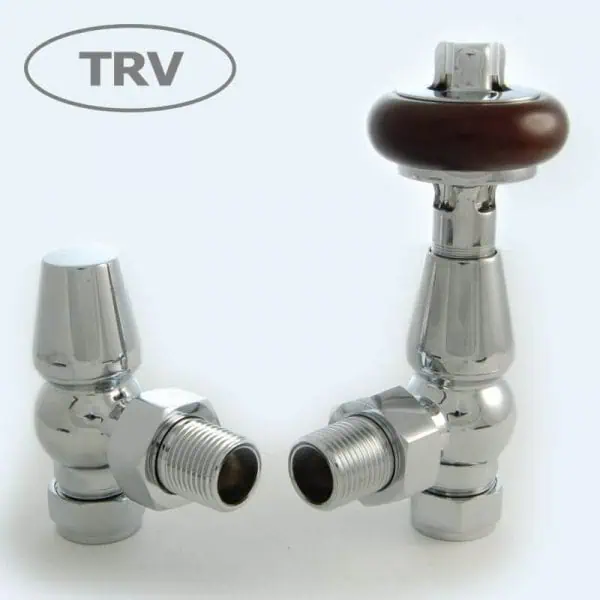 Chrome radiator valve set with wooden handle for efficient heating control.