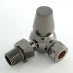 Shower valve with chrome finish for plumbing and bathroom fixtures.