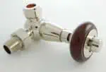 High-quality brass plumbing valve with wooden handle for precise water control.