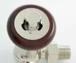 High-pressure gas valve with chrome and wood finish for industrial and medical use.