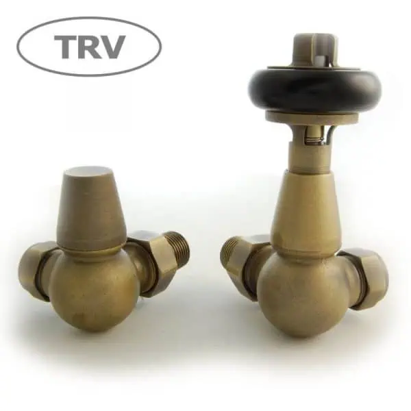 Brass radiator valves with TRV for heating control and efficiency.