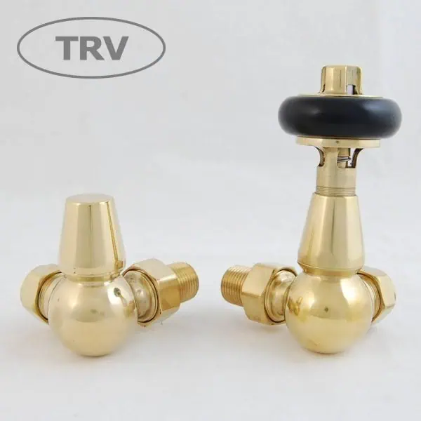 TRV brass radiator valve set with black control knob for central heating thermostatic control.