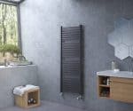 Modern black towel radiator in contemporary bathroom decor.