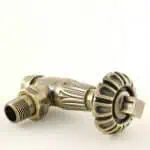 Brass garden hose spray nozzle with adjustable settings for watering and cleaning purposes.