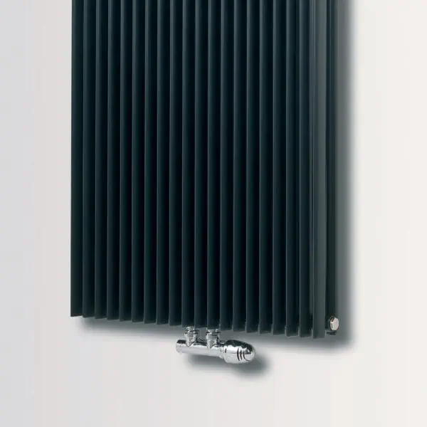 Black radiator with vertical fins, modern design for heating solutions.