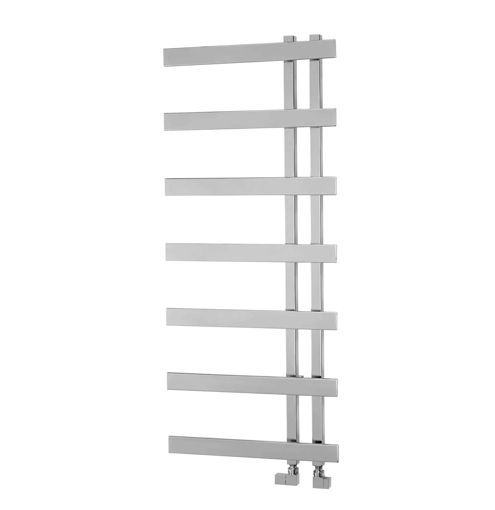 Horton-Chrome-Cutout-1.jpg Aluminum towel radiator, modern heat towel rail, sleek bathroom wall heater, silver heated towel warmer.