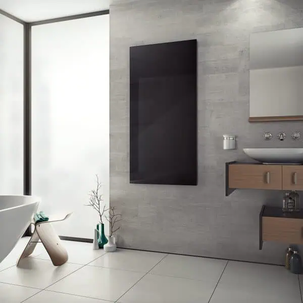 Modern bathroom with wall-mounted flat-screen TV and minimalist decor.