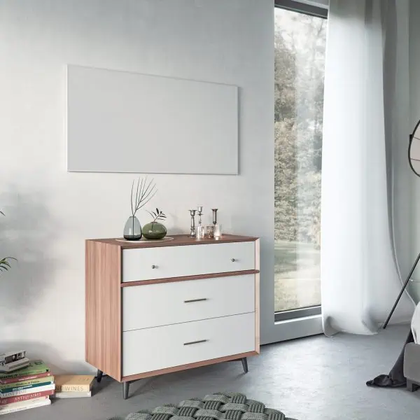 Modern bedroom interior with sleek dresser and studio lighting, minimalist decor for stylish home design.