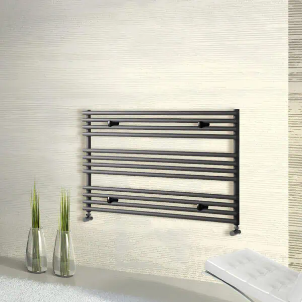 Modern black heated towel rail for bathroom heating and drying towels.