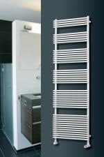 Radiator towel rail for bathroom heating and drying clothes, modern white design.