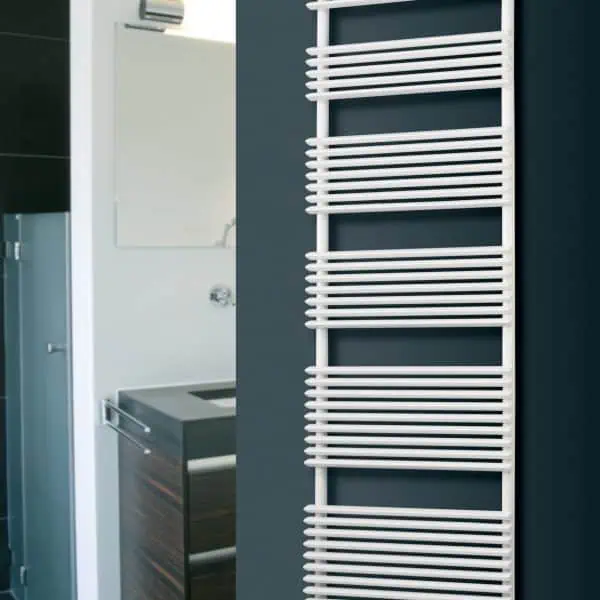 Radiator towel rail for bathroom heating and drying clothes, modern white design.