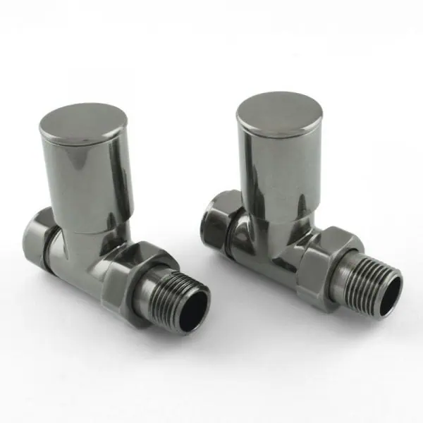 Chrome brass angled valve fittings for plumbing and heating systems.