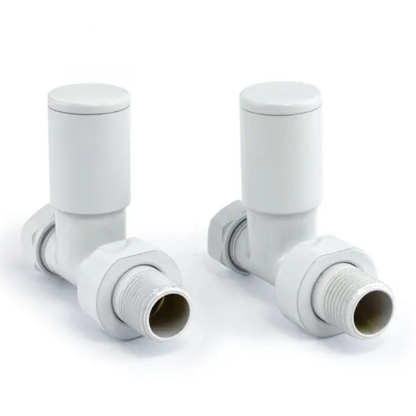 White plumbing angle valves for water control and filtration systems.
