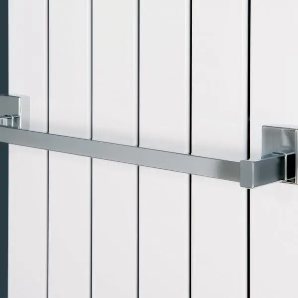 Secure door barrier with sliding metal bar for safety and access control.