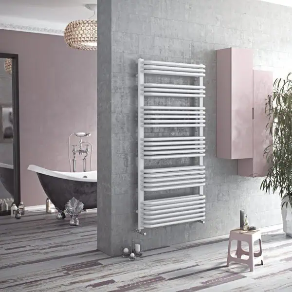 Modern white towel radiator in contemporary bathroom with bathtub and stylish decor.