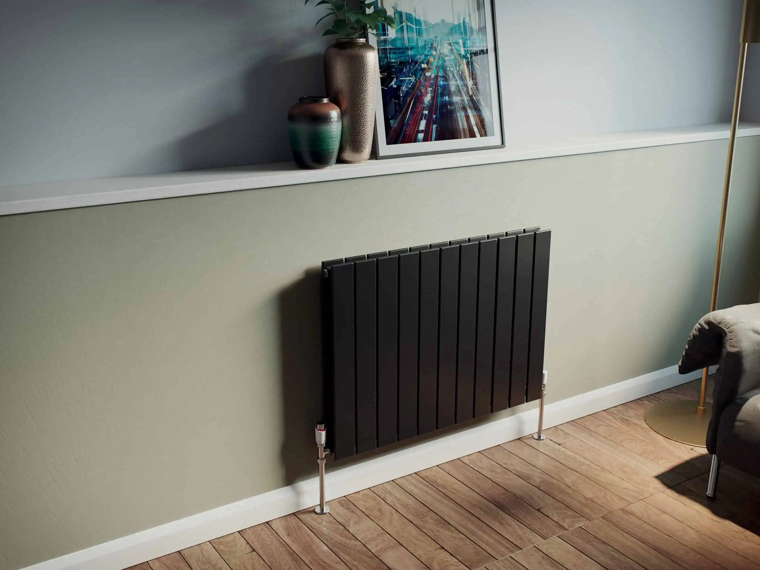 Mars-600-Vertical-Duplex-Anthracite-1-scaled-2.jpg Modern black wall radiator in a stylish living room setting.