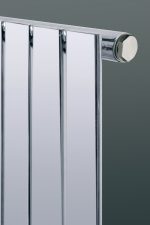 Shower radiator with chrome bars and fittings for modern bathroom heating solutions.