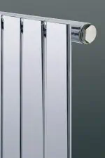 Shower radiator with chrome bars and fittings for modern bathroom heating solutions.