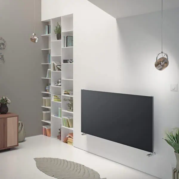 Contemporary modern interior with white shelving, black radiator, and stylish decor elements.