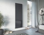 Warm gray radiator, modern indoor heating, sleek room decor, energy-efficient home heating system, luxury interior design.