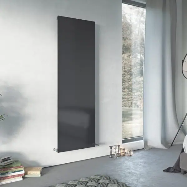 Warm gray radiator, modern indoor heating, sleek room decor, energy-efficient home heating system, luxury interior design.