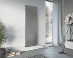 Radiator panel heater in modern bedroom, energy-efficient home heating solution, sleek design.